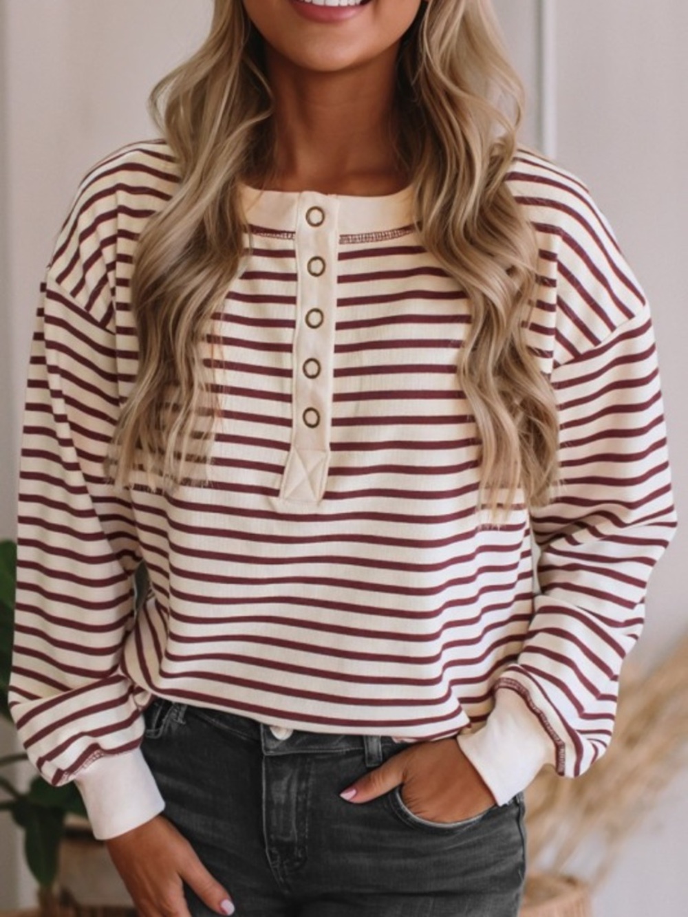 Apple Striped Lightweight Chunky Oversized Henley in Cream & Burgundy